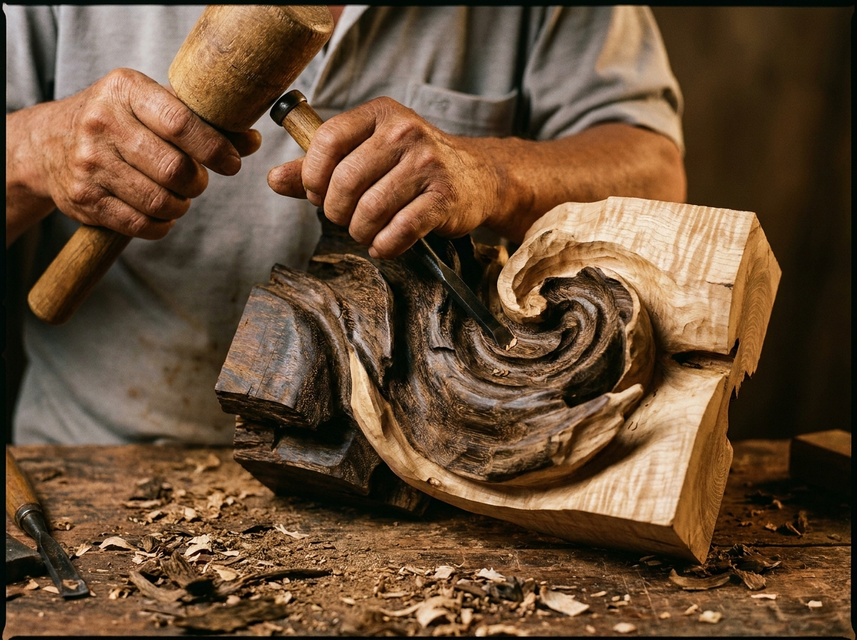 Pengrajin mengolah material kayu secara manual