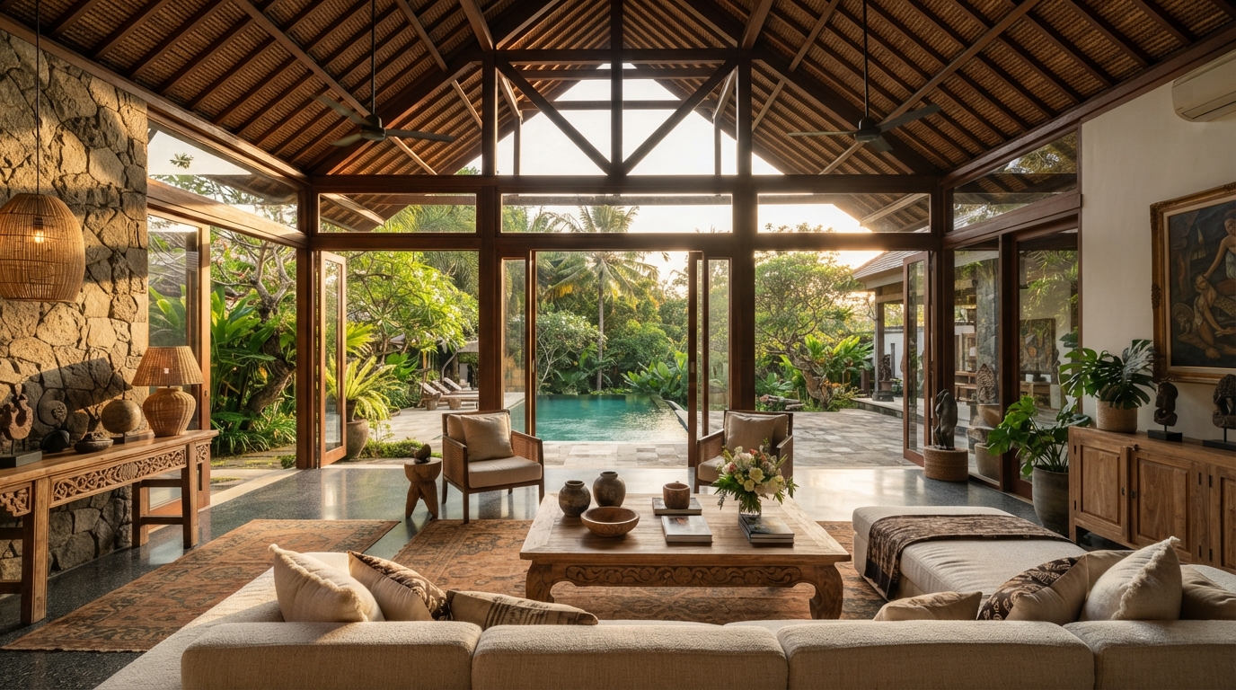 Interior bernuansa kayu dan material alami